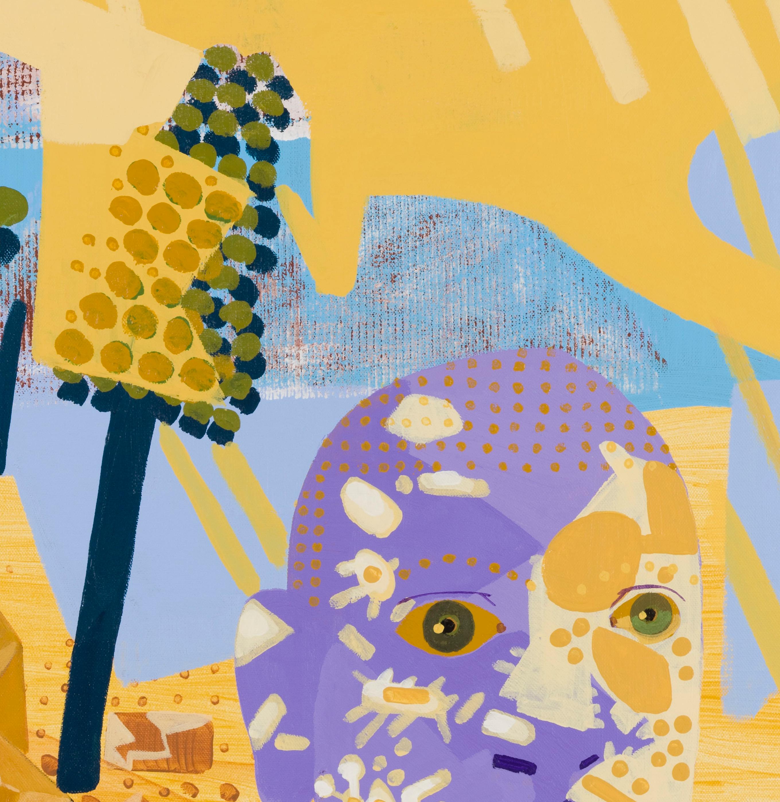 Süd-/Südamerika, 21. Jahrhundert, Sommer, Gelb, Bäume, Blau, Mann, Landschaft (Grau), Figurative Painting, von Alexandru Rădvan