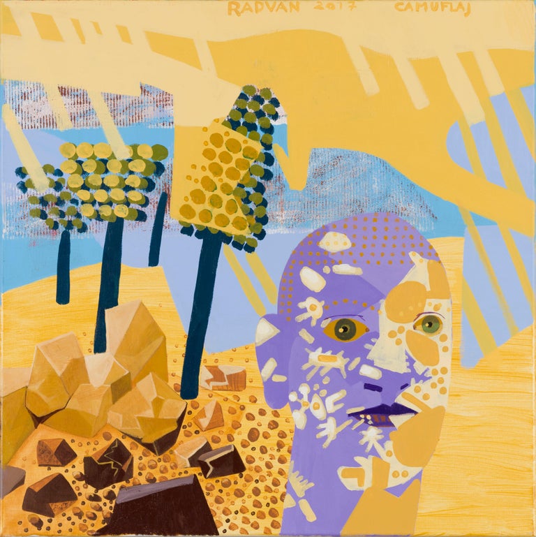 Alexandru Rădvan Landscape Painting - Camouflage South - 21st Century, Summer, Yellow, Trees, Blue, Man, Landscape