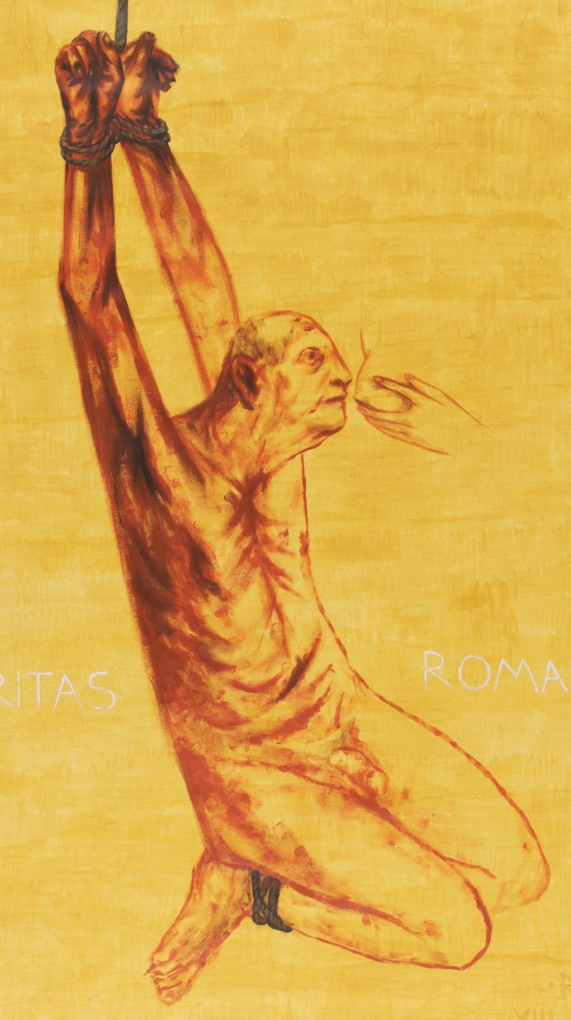 Caritas Romana - Contemporary, Man, Feeding, Yellow, 21st Century - Painting by Alexandru Rădvan