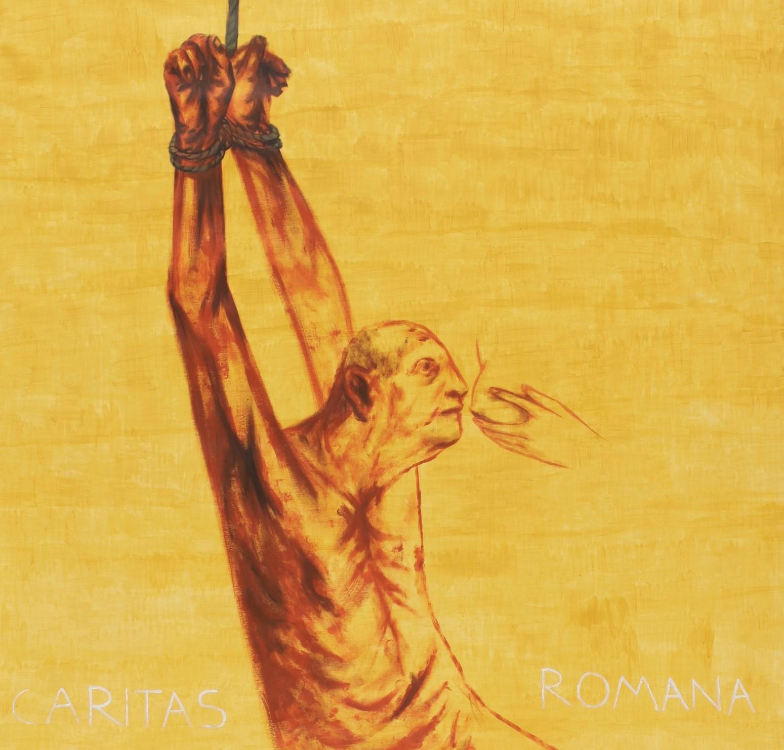 Caritas Romana – Zeitgenössisch, Mann, Fütterung, Gelb, 21. Jahrhundert (Orange), Figurative Painting, von Alexandru Rădvan