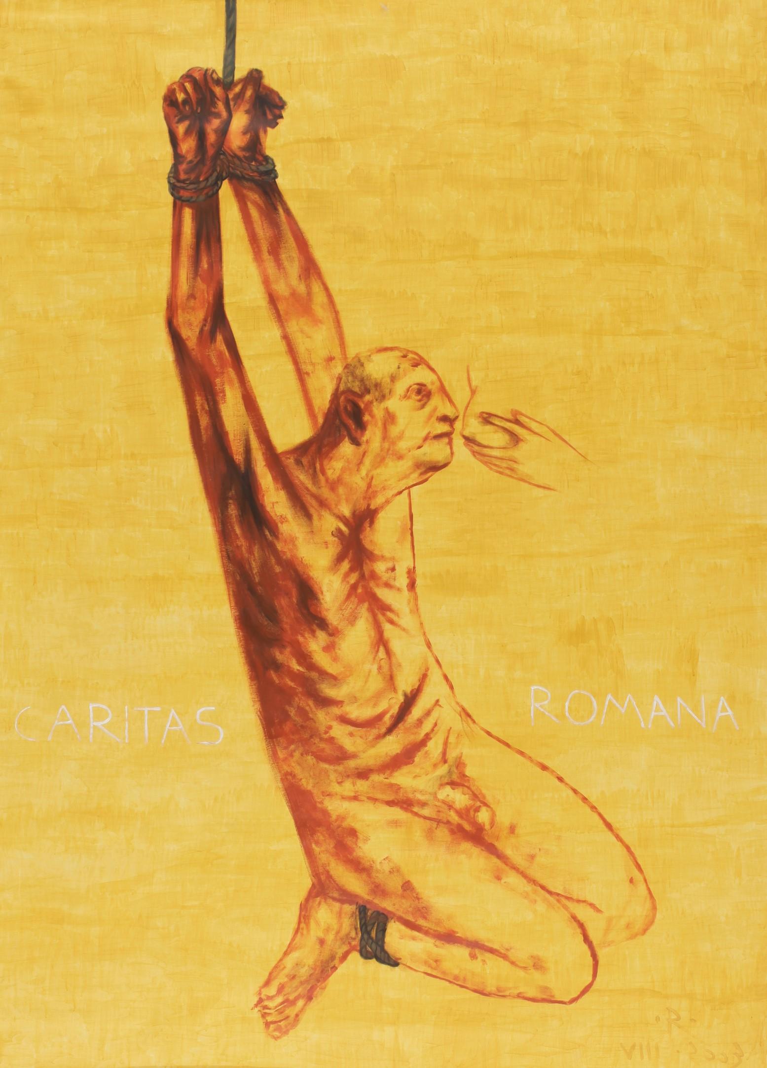 Alexandru Rădvan Figurative Painting – Caritas Romana – Zeitgenössisch, Mann, Fütterung, Gelb, 21. Jahrhundert