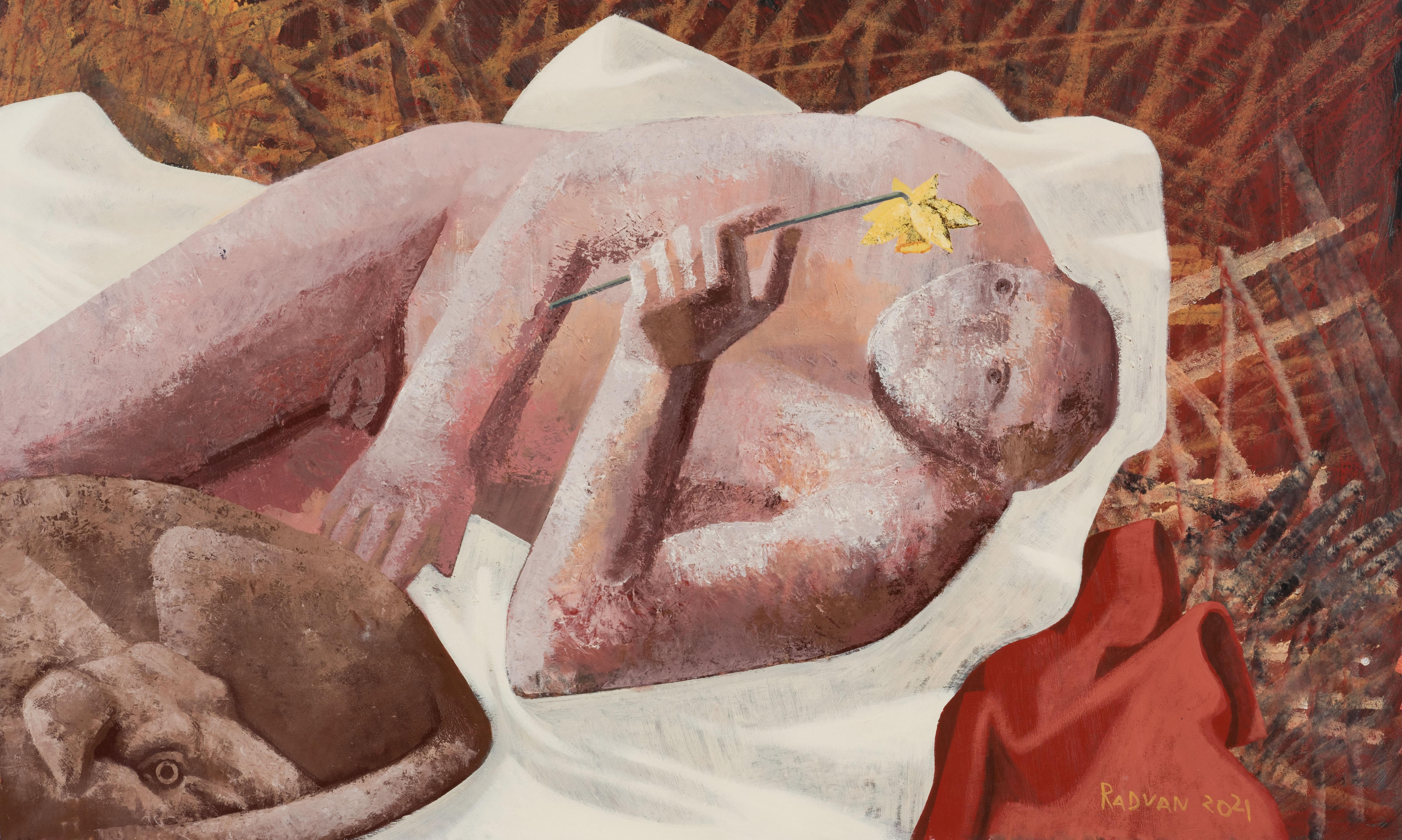 Alexandru Rădvan Nude Painting - Cerberus 4 - Contemporary Art, Nude, Dog, Flower, Male, Figurative Painting