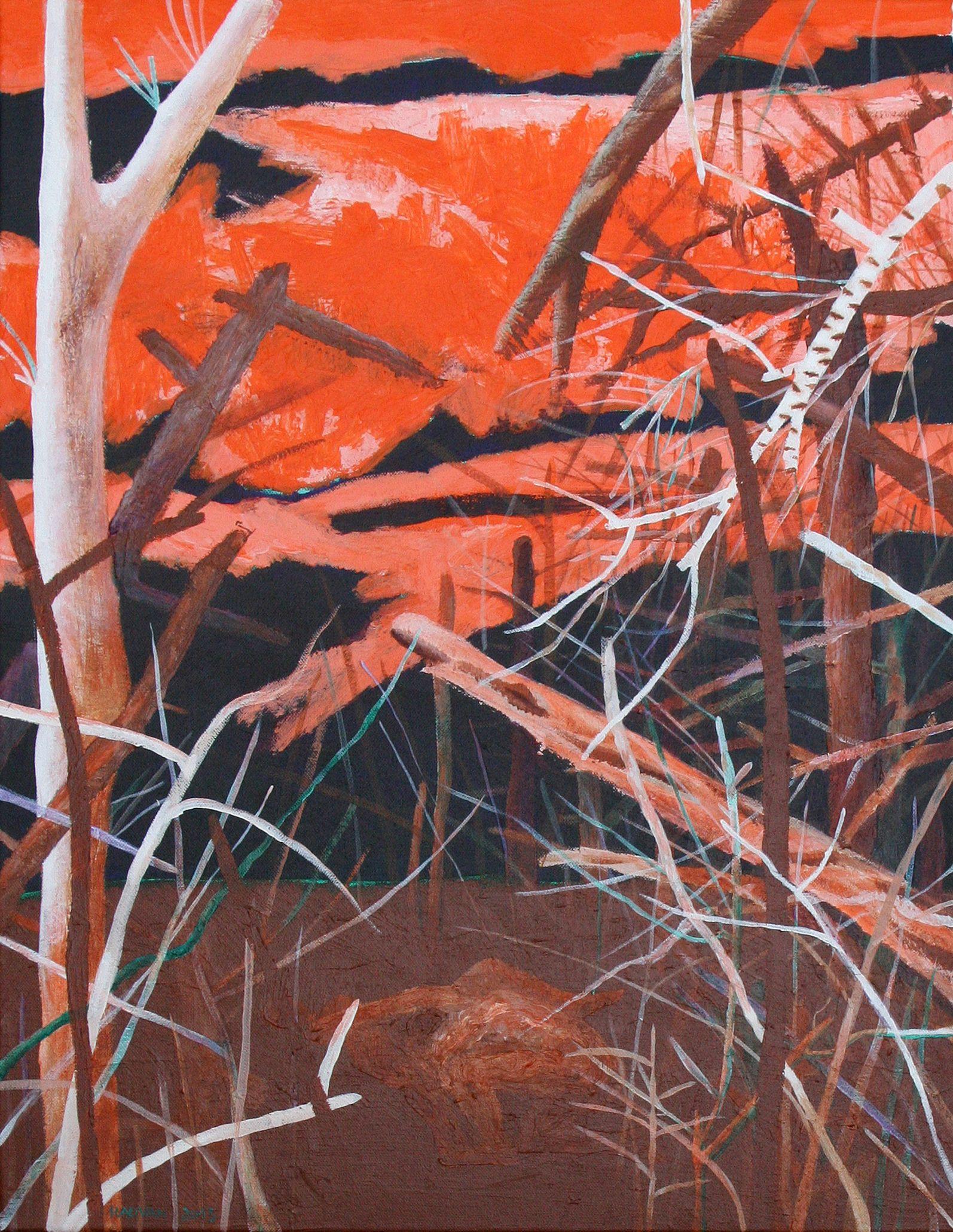 Alexandru Rădvan Figurative Painting – Beschreibende 1 – Zeitgenössische Kunst, Natur, Landschaft, Orange, Braun, Bäume