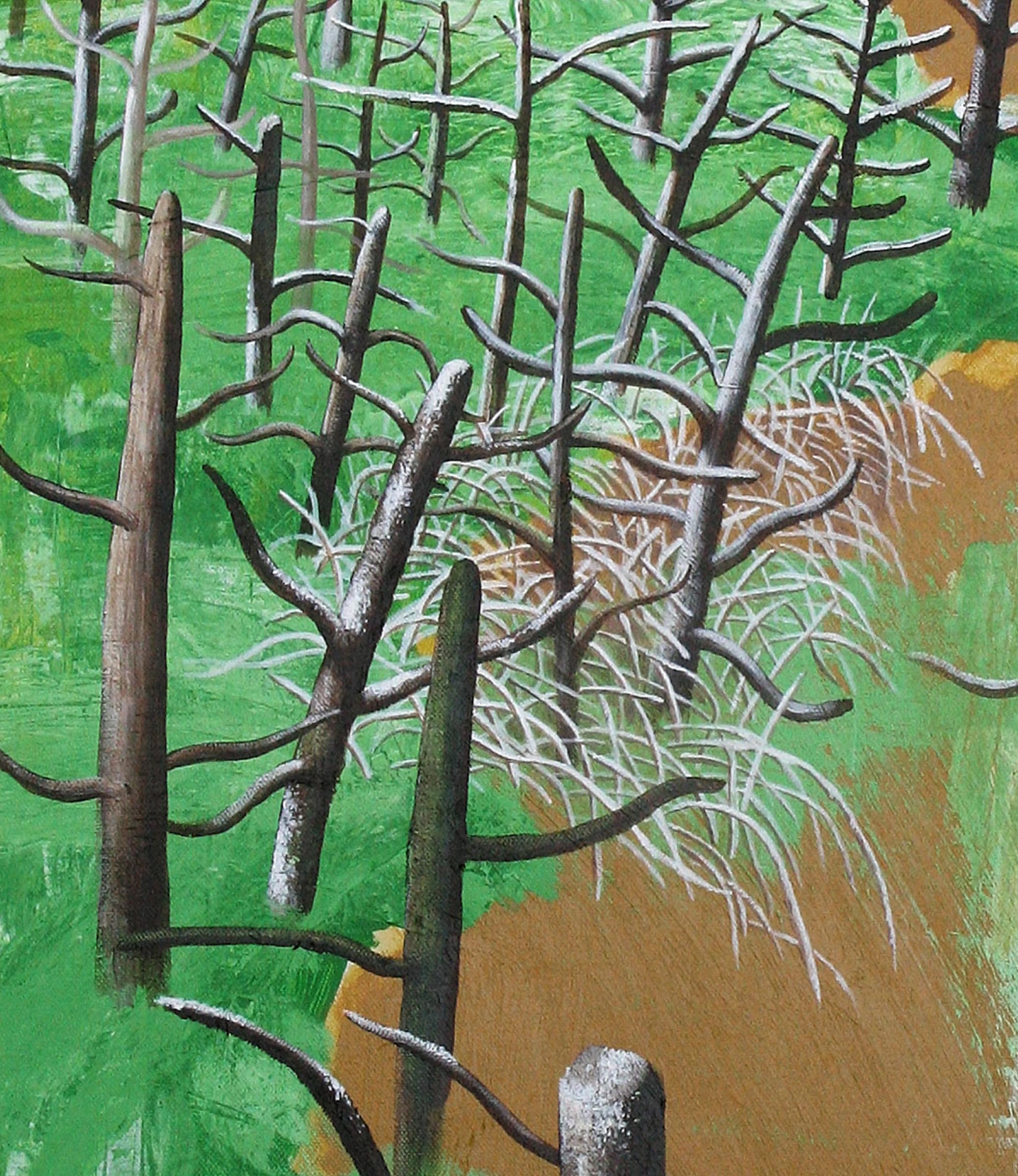Descriptive 2 - Contemporary, Landscape, Nude, Trees, Green, Yellow, Blue, Water - Painting by Alexandru Rădvan