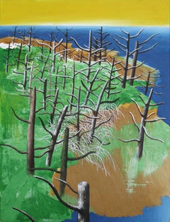 Descriptivo 2 - Contemporáneo, Paisaje, Desnudo, Árboles, Verde, Amarillo, Azul, Agua