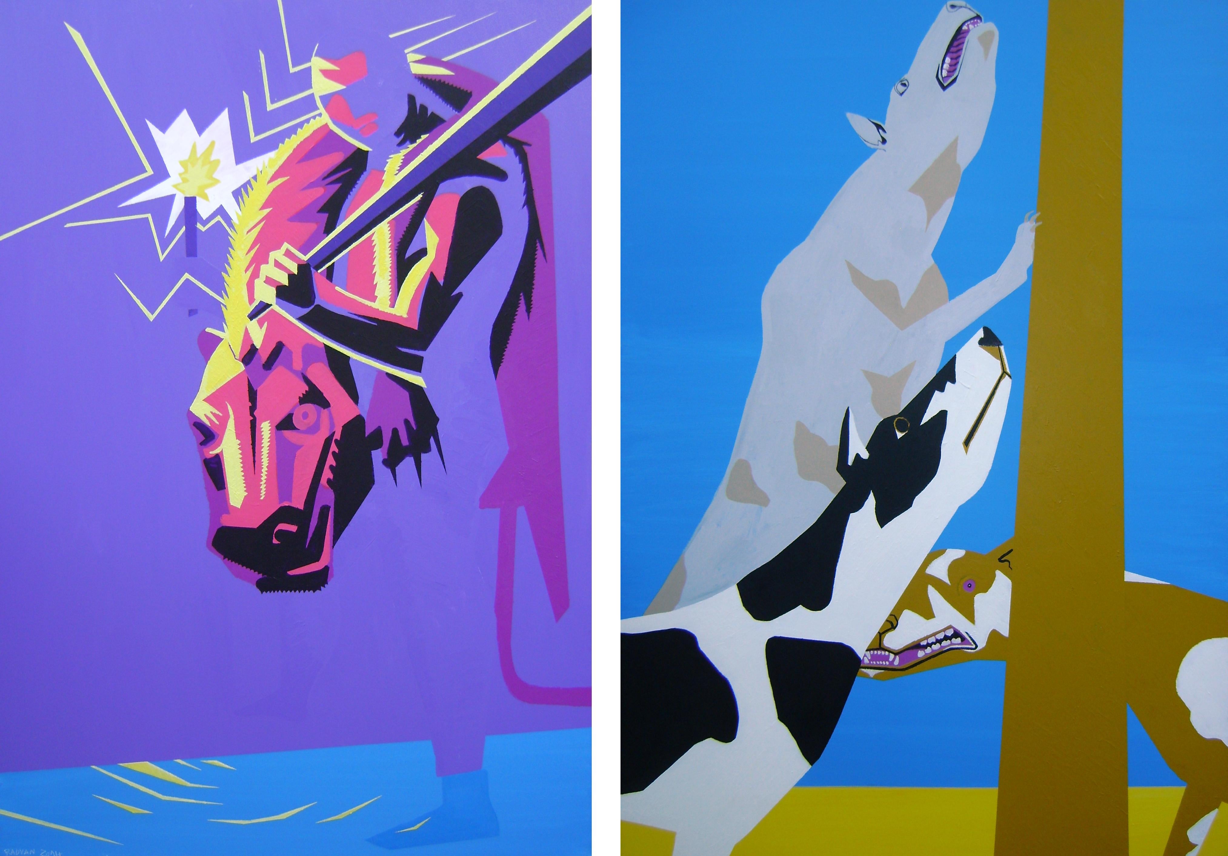 Alexandru Rădvan Animal Painting - Diptych - 21st Century, Dogs, Figurative Painting, Purple, Pink, Blue, Acrylic