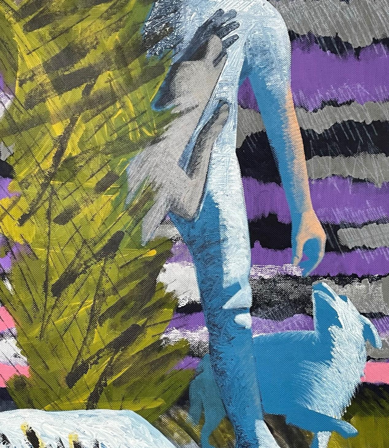 Hunde grüßen einen Mann - Zeitgenössische Malerei, Figurativ, Landschaft, Blau (Grau), Figurative Painting, von Alexandru Rădvan