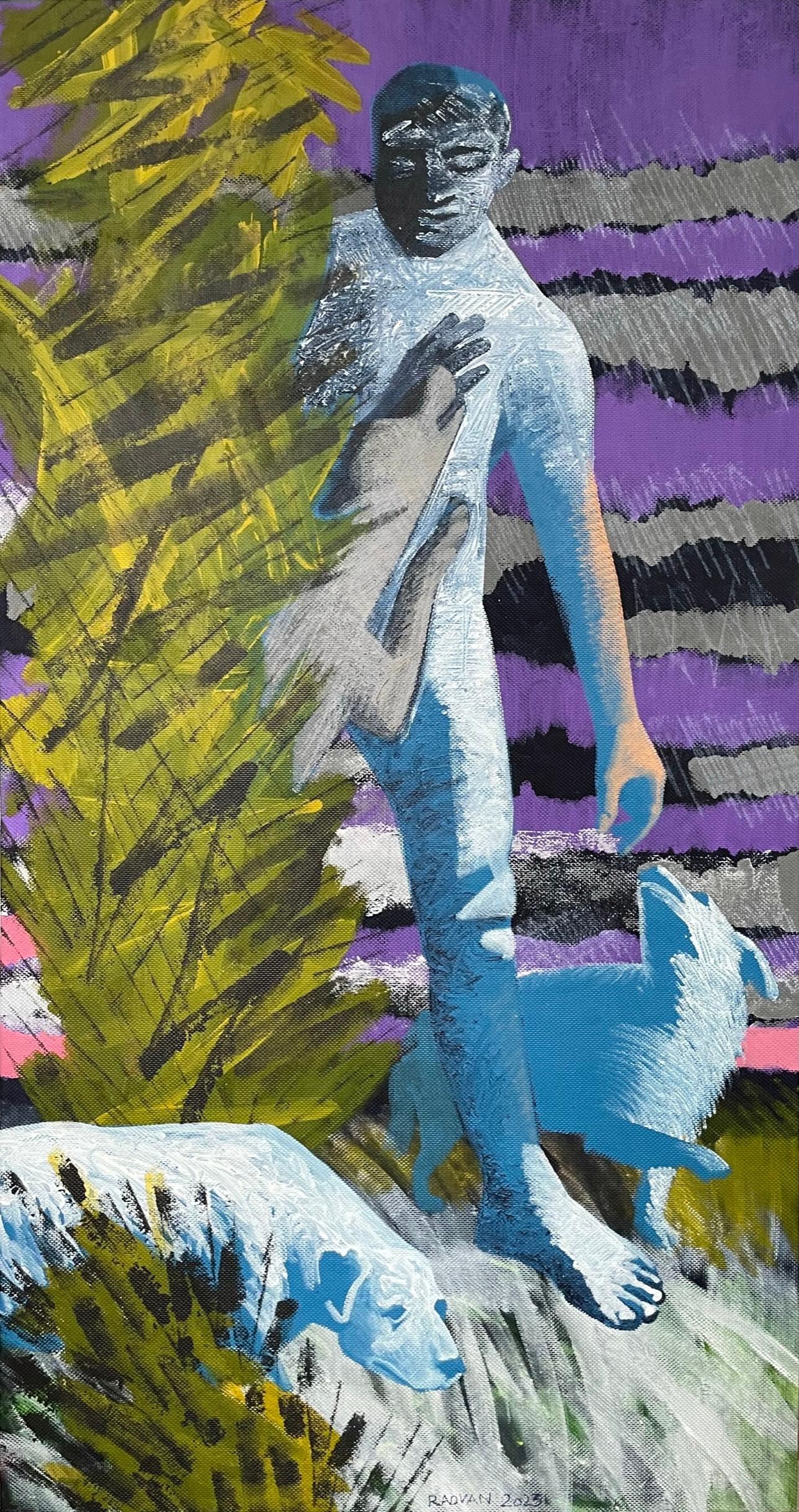 Alexandru Rădvan Figurative Painting – Hunde grüßen einen Mann - Zeitgenössische Malerei, Figurativ, Landschaft, Blau