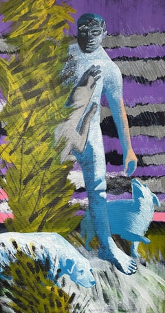 Hunde grüßen einen Mann - Zeitgenössische Malerei, Figurativ, Landschaft, Blau