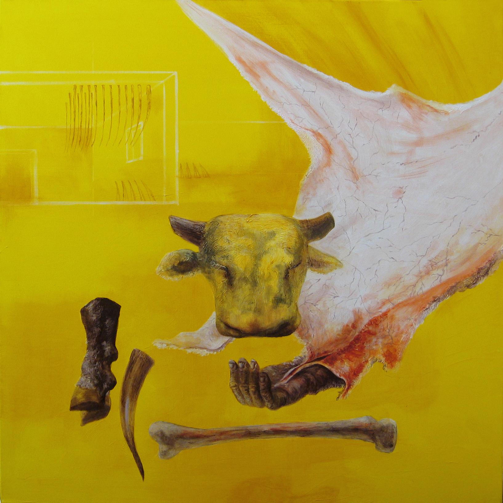 Figurative Painting de Alexandru Rădvan - Piel de la Tierra - Siglo XXI, Amarillo, Arte Figurativo, Animal, Mito, Contemporáneo