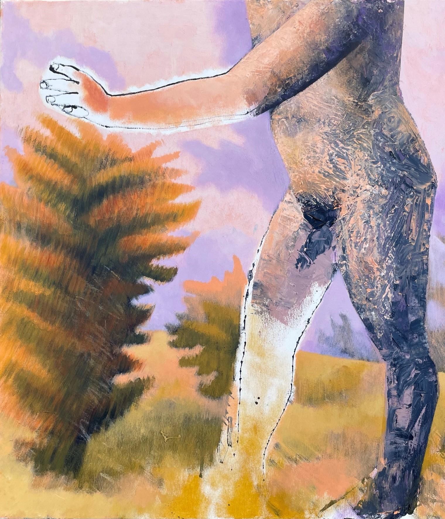 Figure, die in einer trockenen Landschaft geht, 21. Jahrhundert, männlich, nackt, Natur, Sommer – Painting von Alexandru Rădvan