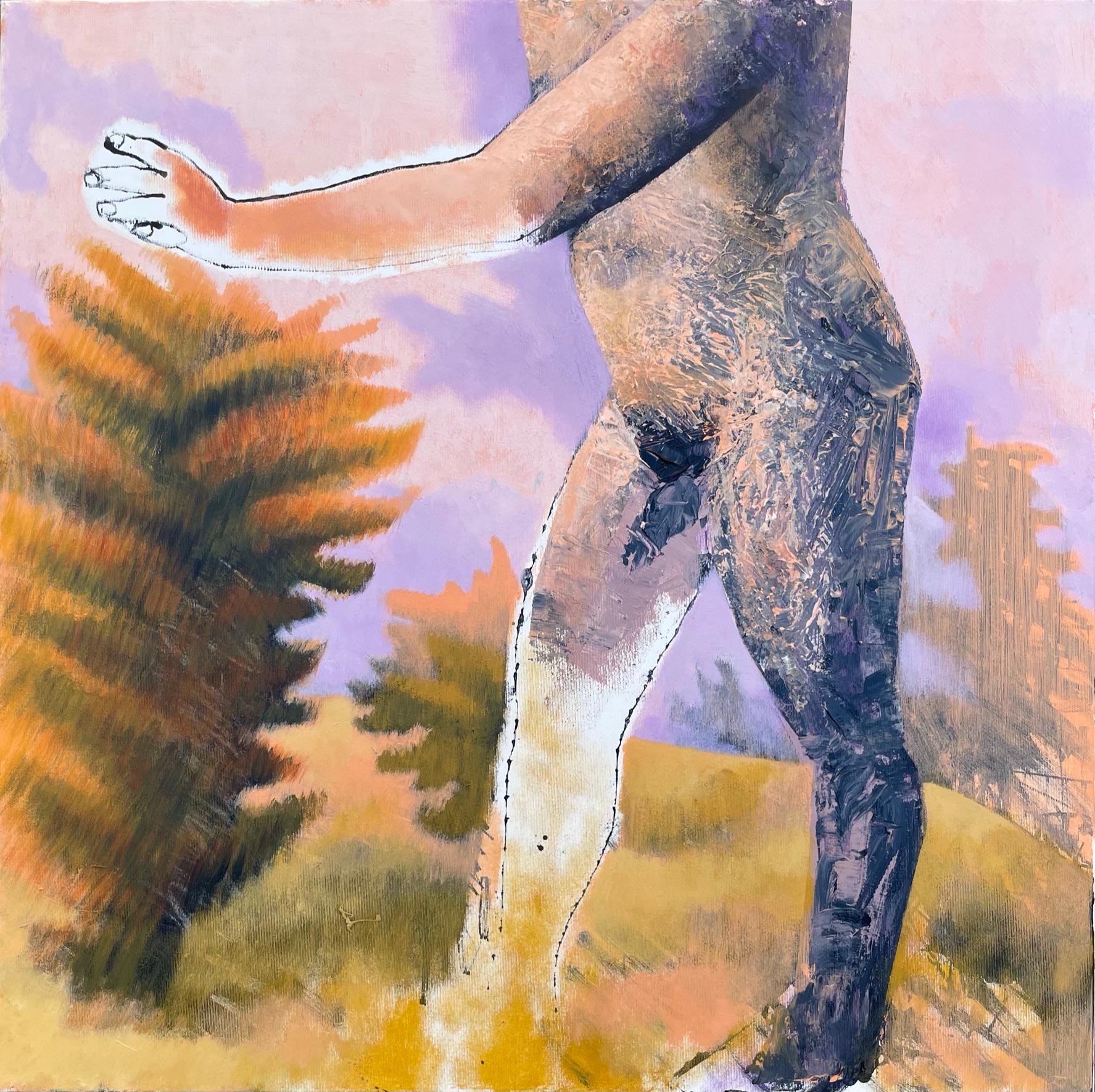 Alexandru Rădvan Figurative Painting – Figure, die in einer trockenen Landschaft geht, 21. Jahrhundert, männlich, nackt, Natur, Sommer