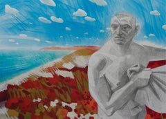 Graphite Man on Red Beach - figurative painting, landscape, nude, red, man