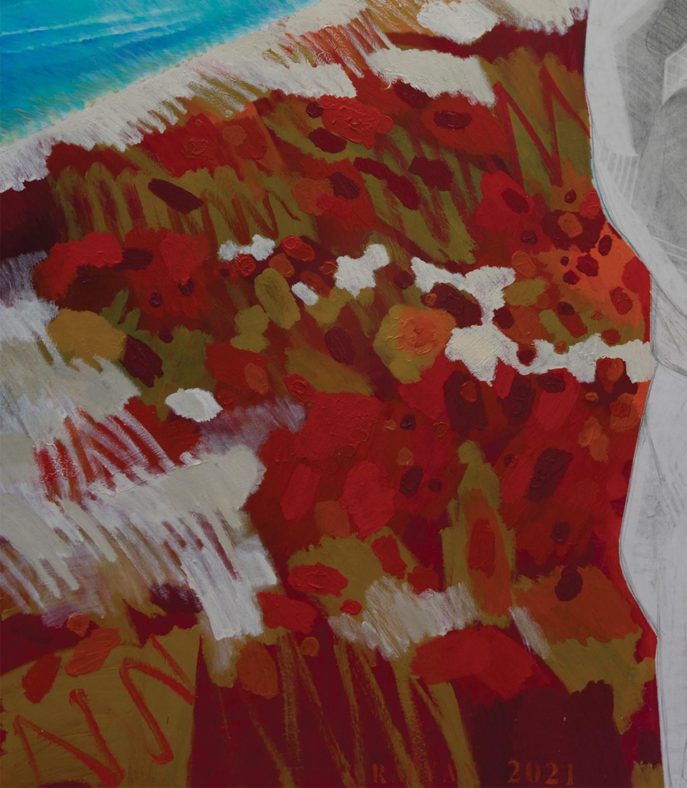 Homme au graphite sur une plage rouge - peinture figurative, paysage, nu, rouge, homme  en vente 1