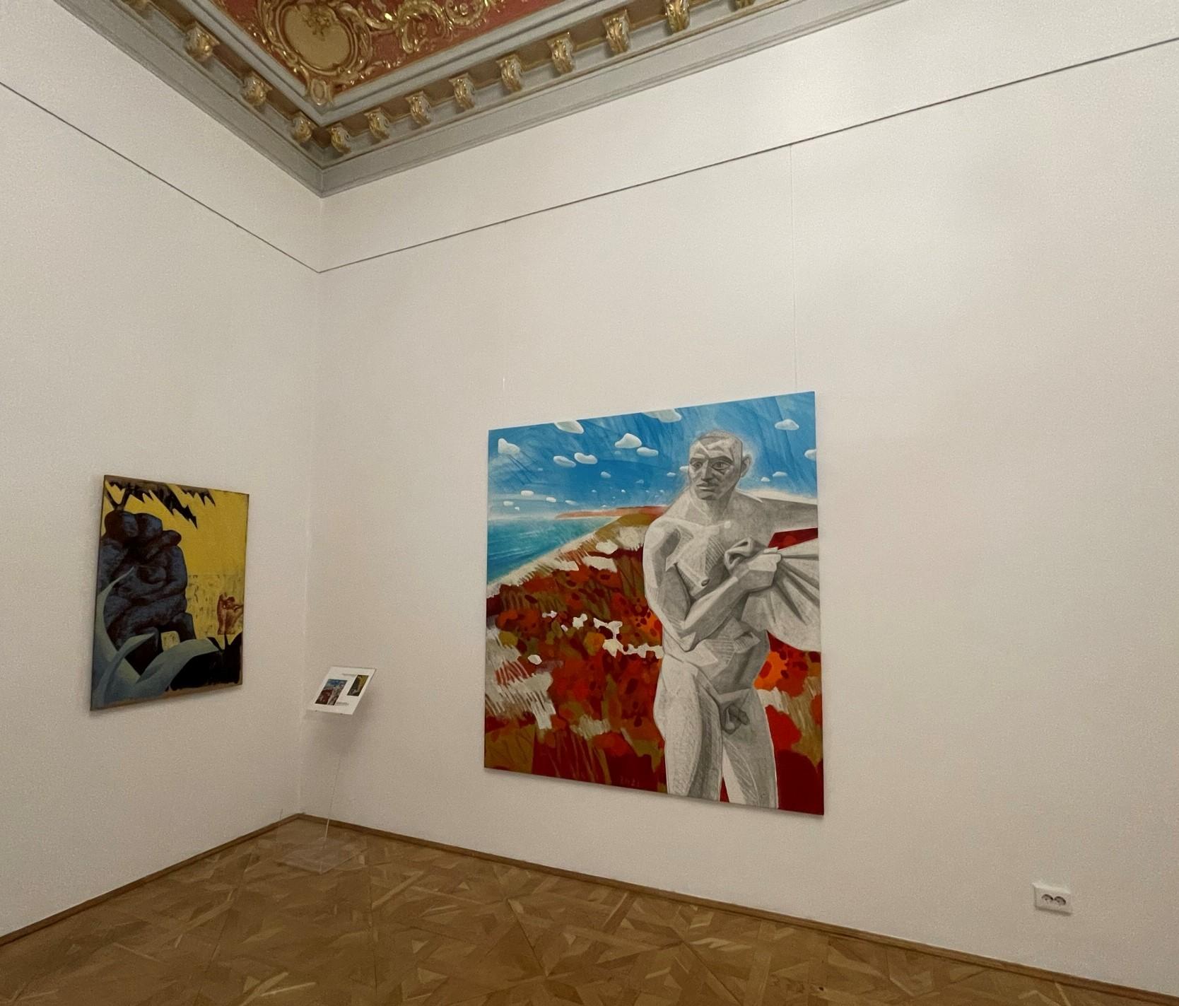 Grafito Hombre en Playa Roja - pintura figurativa, paisaje, desnudo, rojo, hombre en venta 1