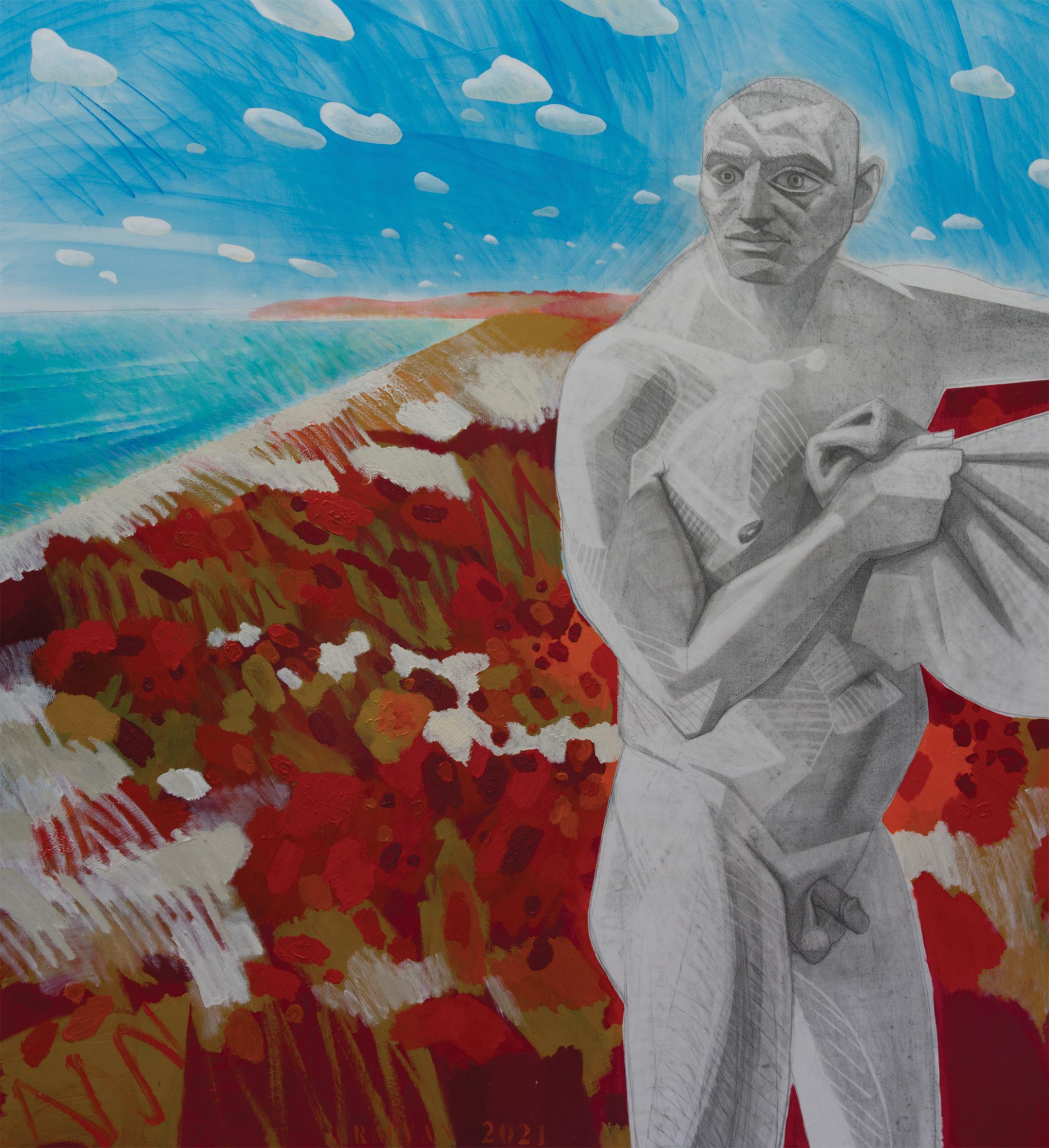 Alexandru Rădvan Nude Painting – Graphitmann am roten Strand – figurative Malerei, Landschaft, nackt, rot, Mann 