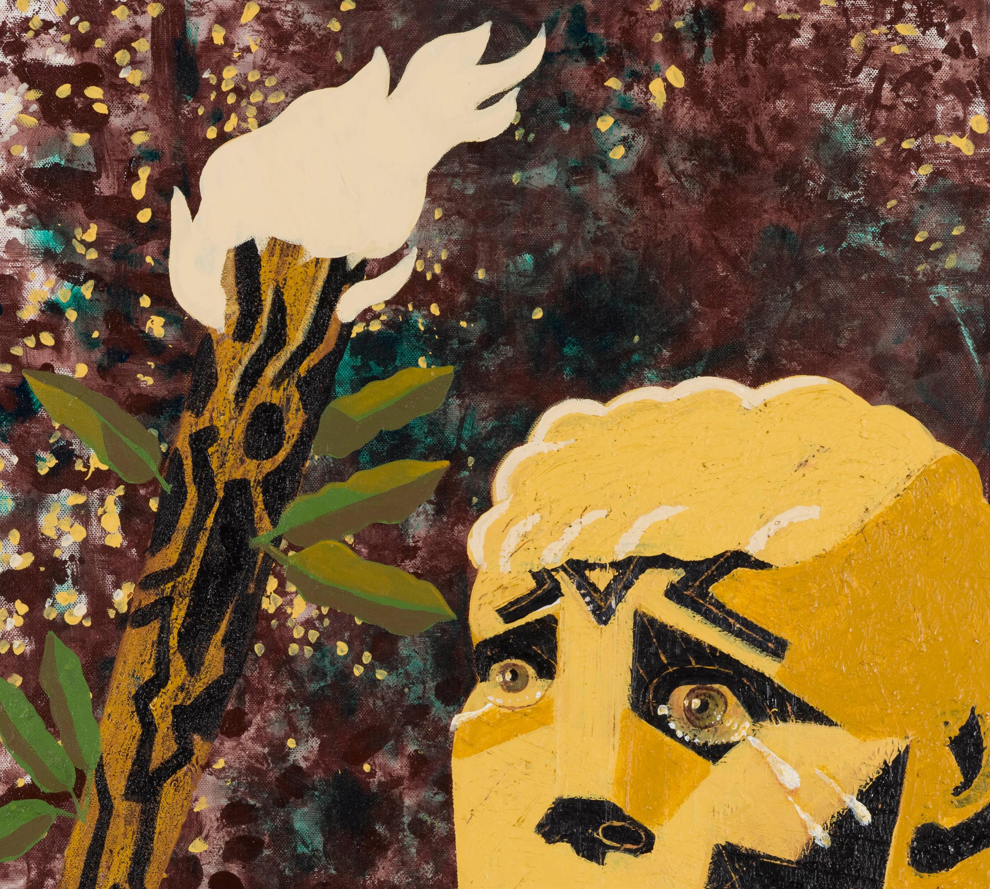Kopf, der im Holz kniet - 21. Jahrhundert, Flamme, Tränen, Held, Gelb, figürlich – Painting von Alexandru Rădvan