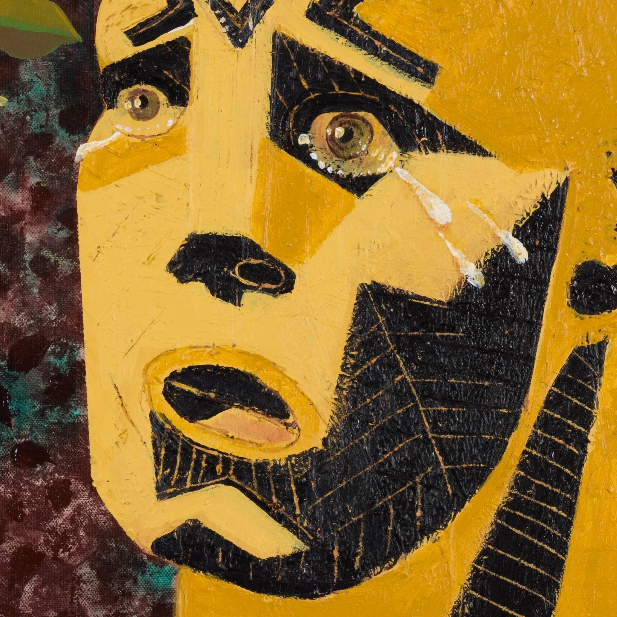 Kopf, der im Holz kniet - 21. Jahrhundert, Flamme, Tränen, Held, Gelb, figürlich (Schwarz), Portrait Painting, von Alexandru Rădvan