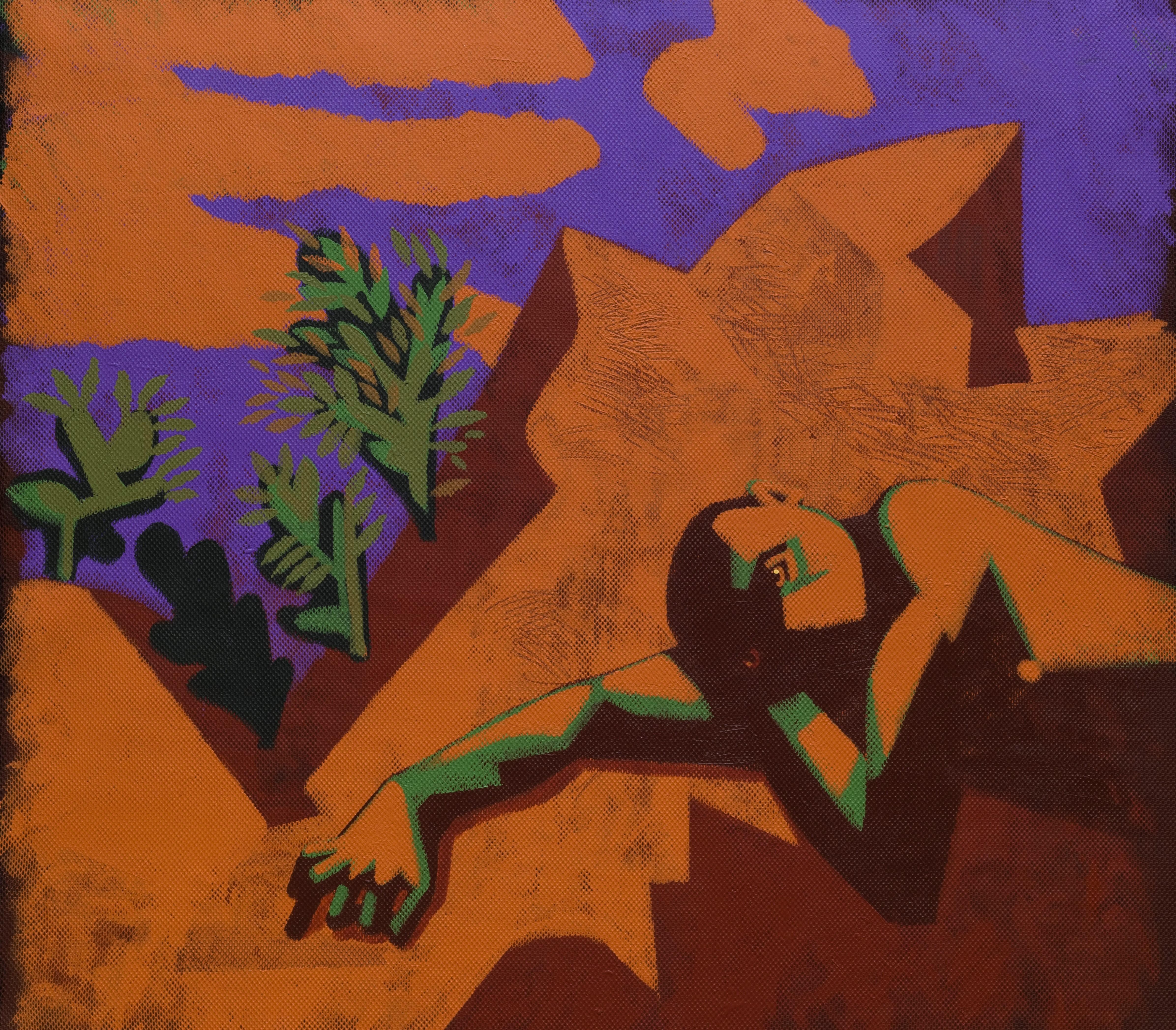 Hercules in Halkidiki - Art contemporain, violet, marron, vert, nature, ciel - Painting de Alexandru Rădvan