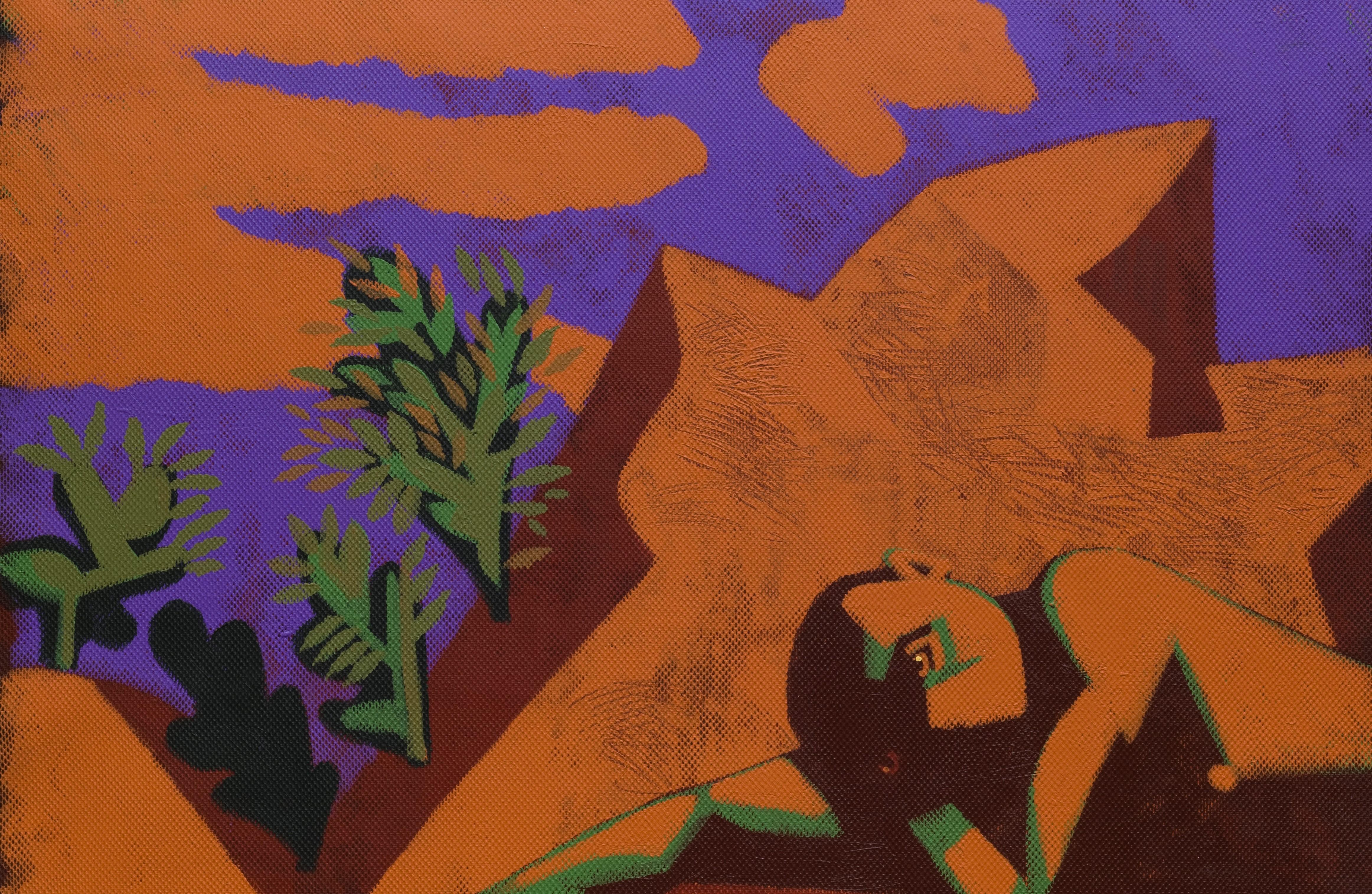 Hercules in Halkidiki - Art contemporain, violet, marron, vert, nature, ciel - Marron Landscape Painting par Alexandru Rădvan