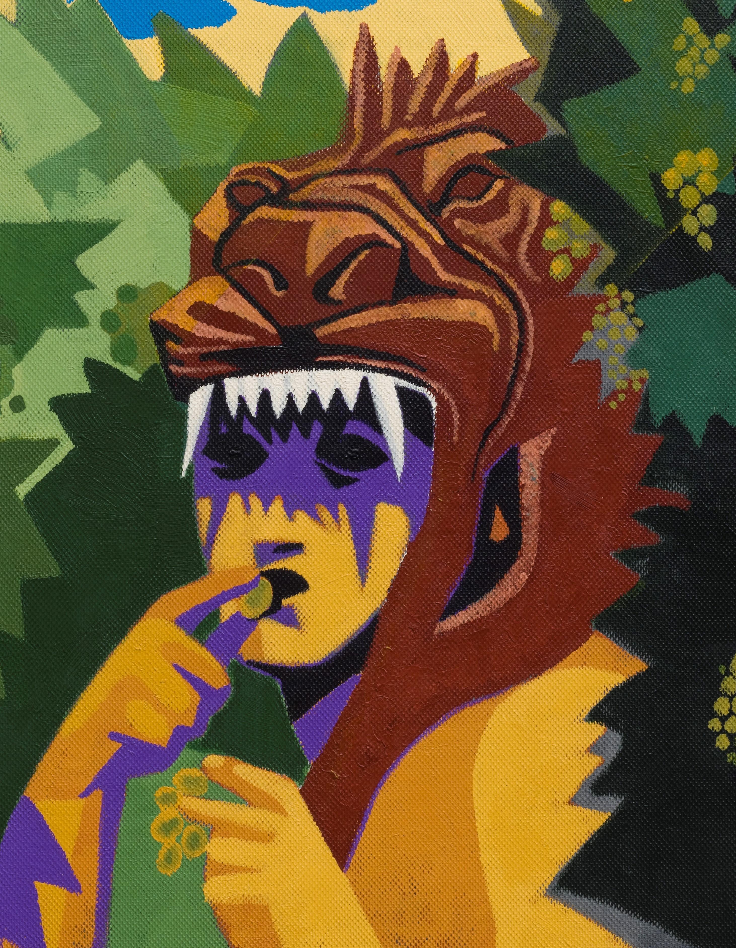 Hercules in Vineyard - Contemporary, Lion, Grapes, Green, Yellow, Hero, Nature - Black Animal Painting by Alexandru Rădvan