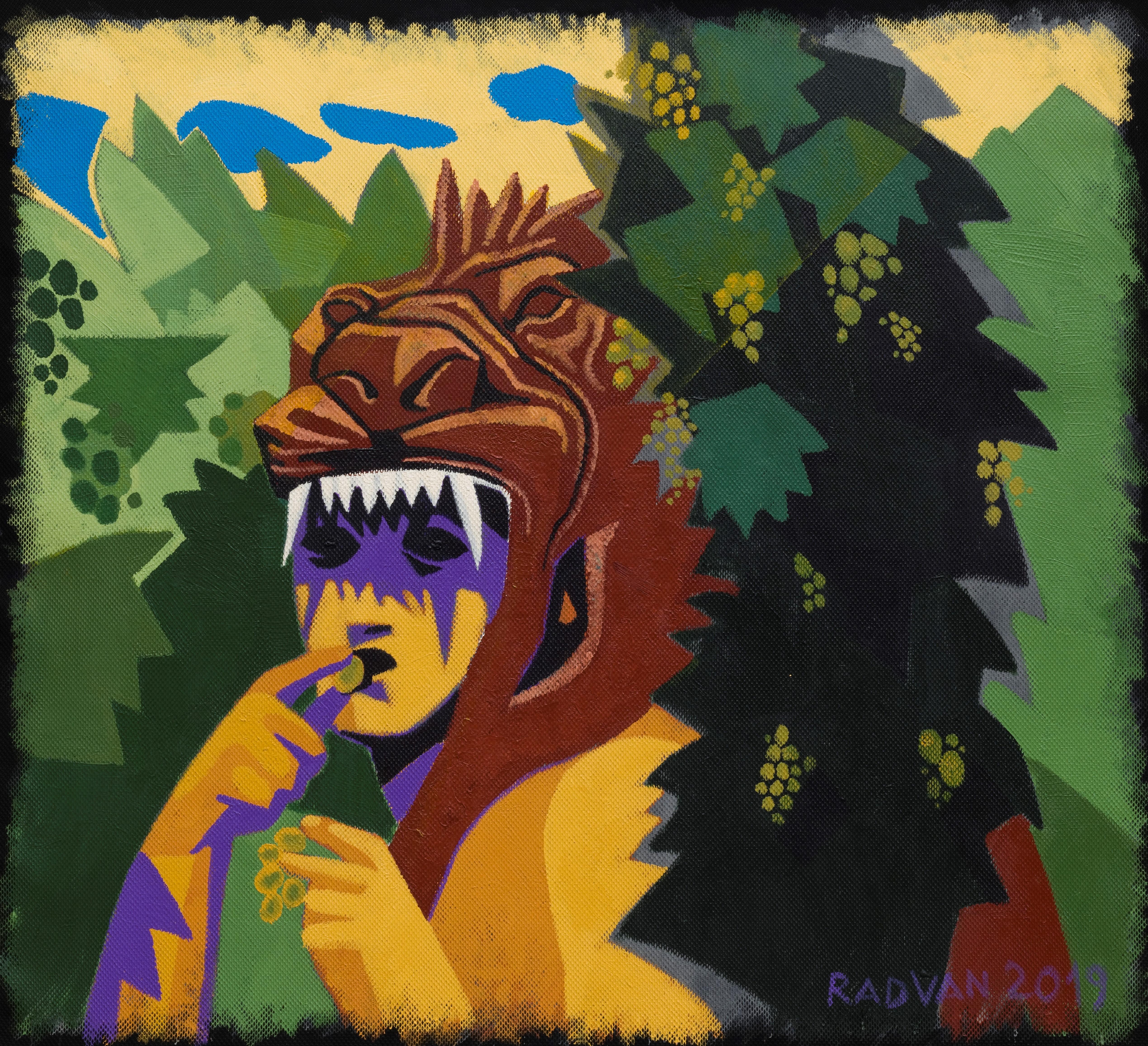 Alexandru Rădvan Animal Painting - Hercules in Vineyard - Contemporary, Lion, Grapes, Green, Yellow, Hero, Nature