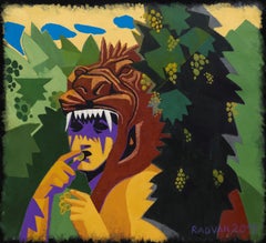 Hercules in Vineyard - Contemporary, Lion, Grapes, Green, Yellow, Hero, Nature