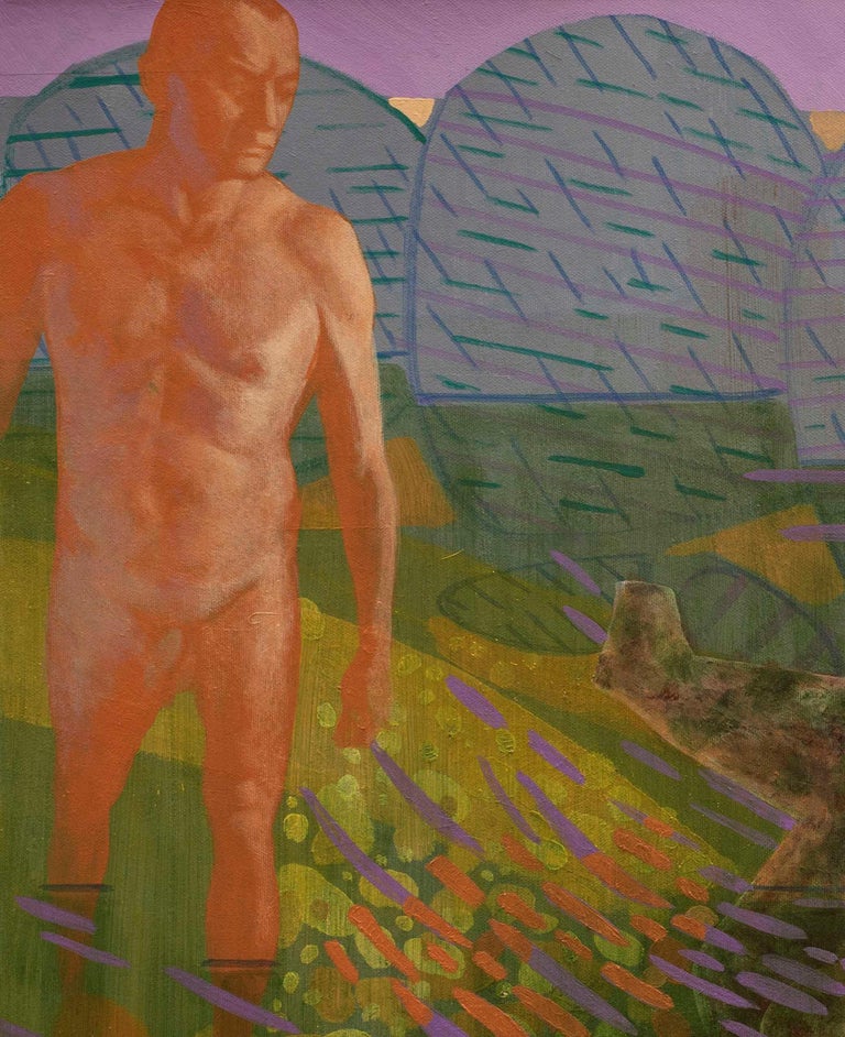 Idols Camouflage by Tide - Contemporary Art, Nude, Male, Green, Orange - Painting by Alexandru Rădvan