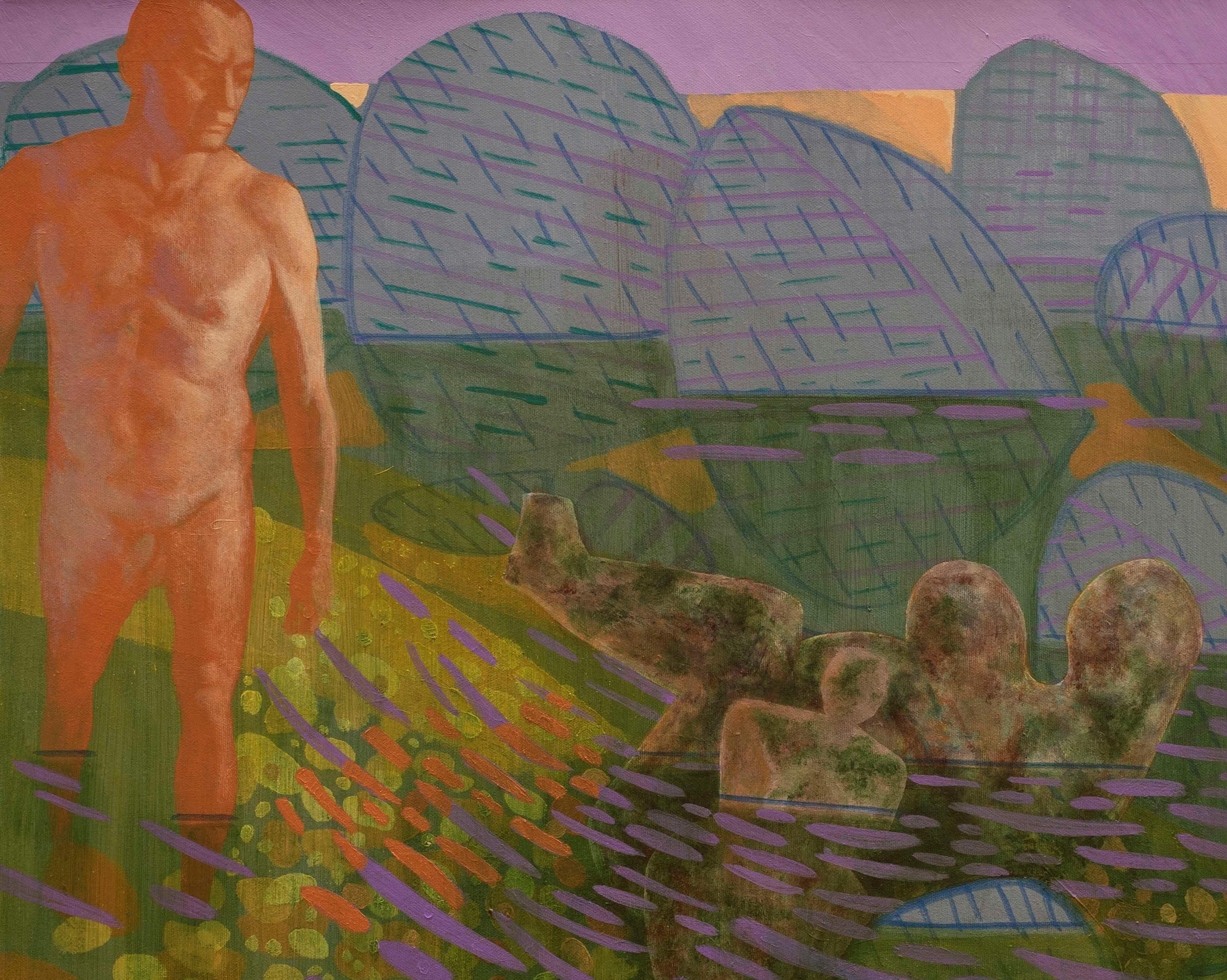 Idol Idols Camouflage von Tide - Zeitgenössische Kunst, Nackt, männlich, grün, orange (Orange), Figurative Painting, von Alexandru Rădvan