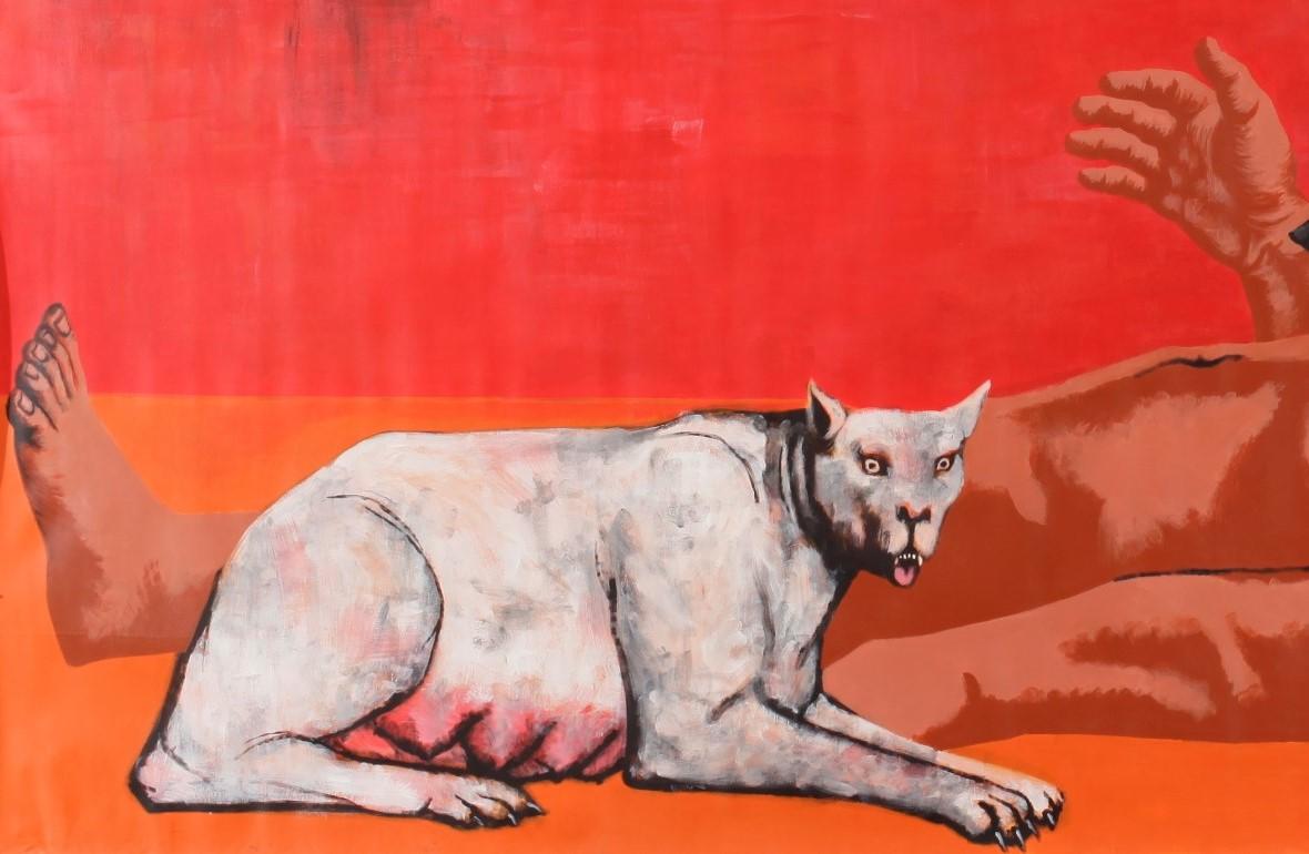 Imperator. Canis - Zeitgenössische, figürliche Malerei, Hunde, Mensch, Rot, Mythos – Painting von Alexandru Rădvan