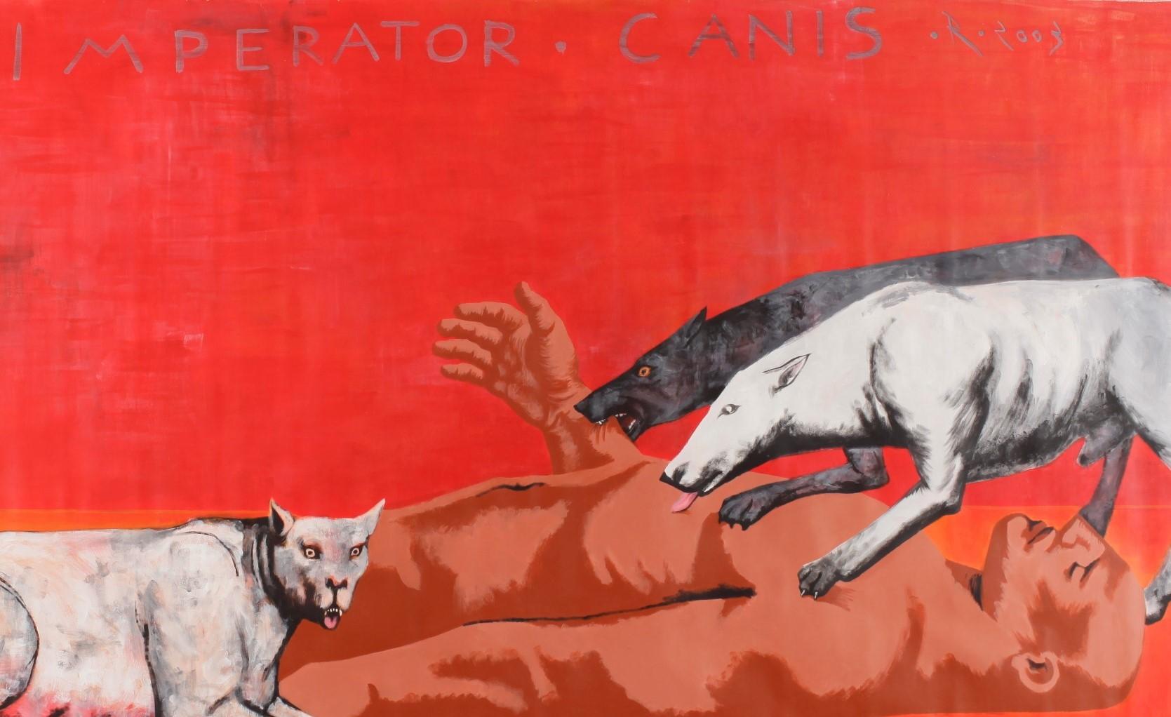 Imperator. Canis - Zeitgenössische, figürliche Malerei, Hunde, Mensch, Rot, Mythos im Angebot 2