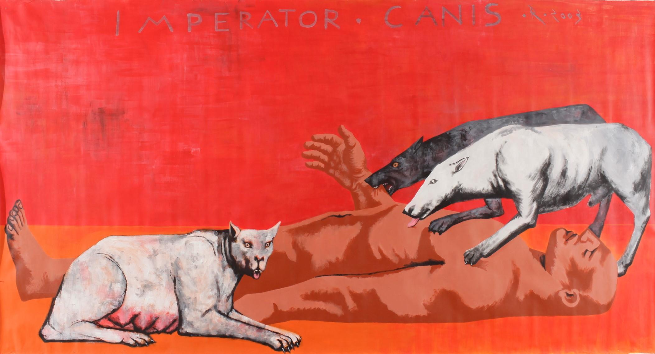Alexandru Rădvan Figurative Painting – Imperator. Canis - Zeitgenössische, figürliche Malerei, Hunde, Mensch, Rot, Mythos