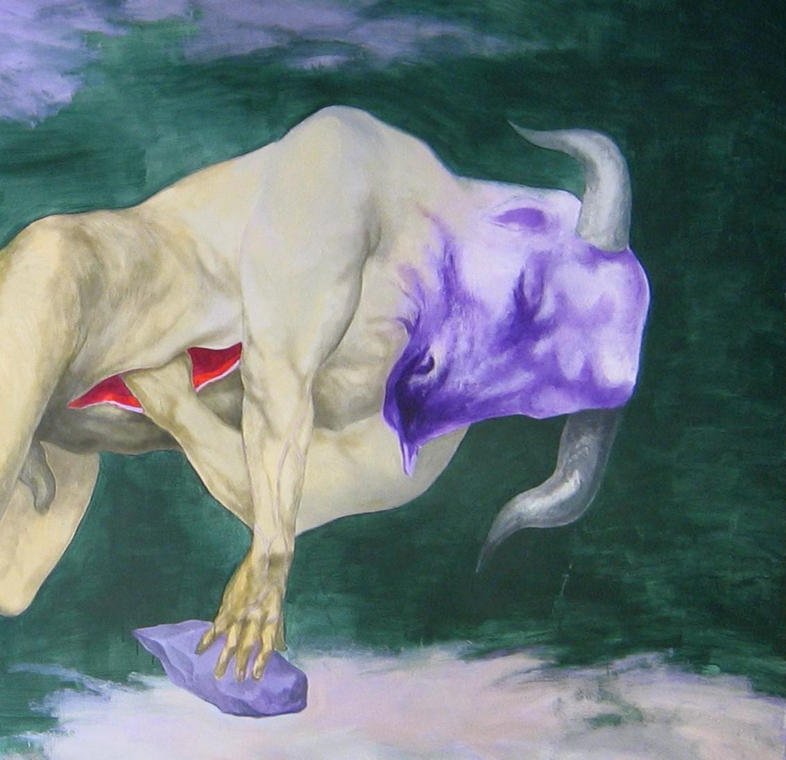 Incipit - 21e siècle, peinture figurative, Minotaure, violet, vert, taureau - Painting de Alexandru Rădvan