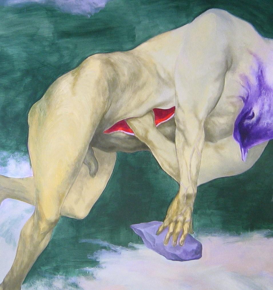 Incipit - 21e siècle, peinture figurative, Minotaure, violet, vert, taureau - Contemporain Painting par Alexandru Rădvan