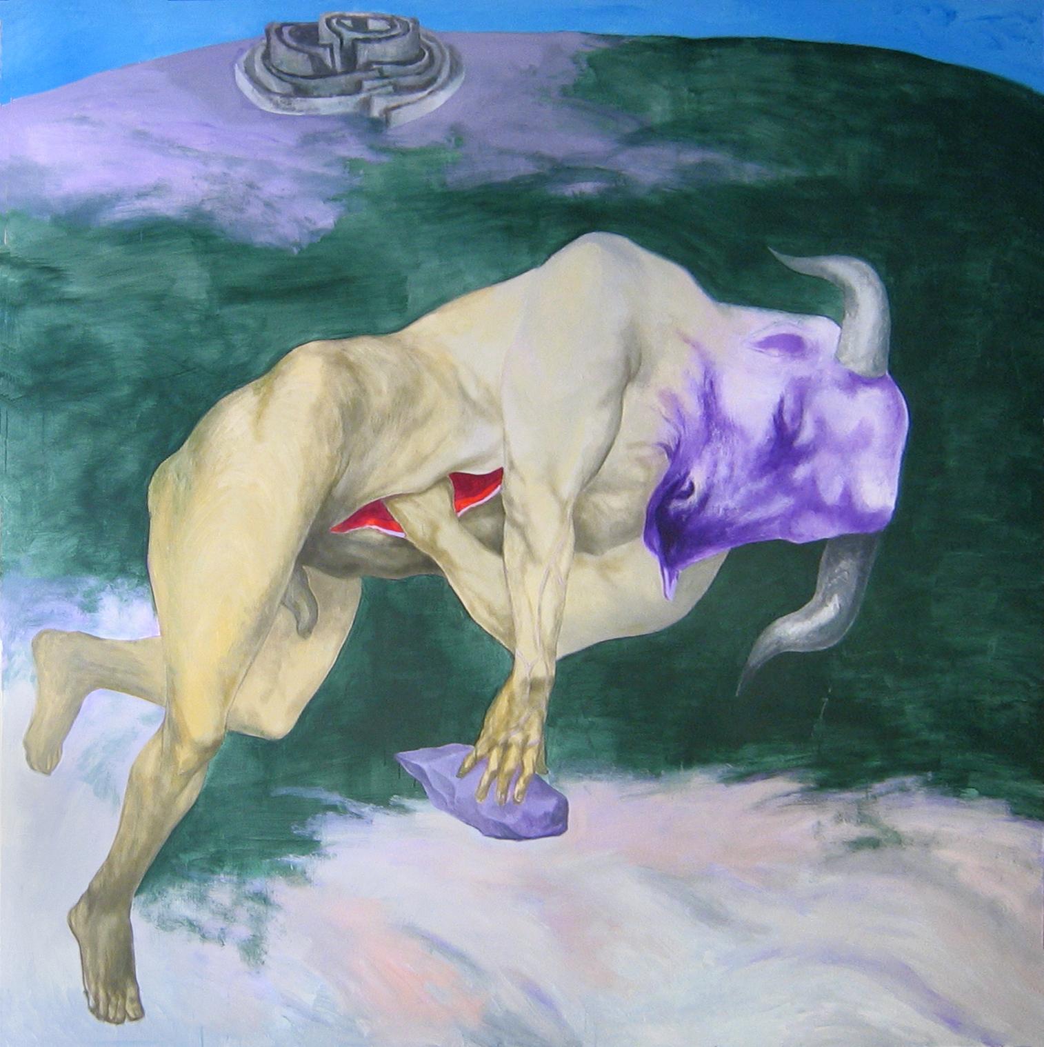 Incipit - 21st Century, Figurative Painting, Minotaur, Violet, Green, Bull