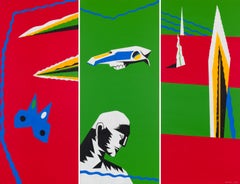Island pour Umberto - Peinture contemporaine rouge, verte, paysage, XXIe siècle