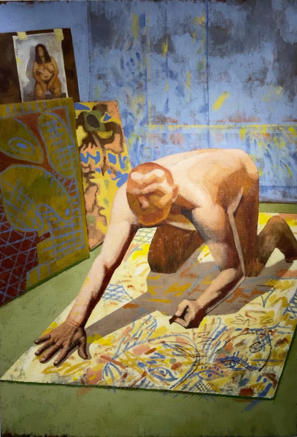 Alexandru Rădvan Nude Painting – Le chef d'oeuvre inconnu 2 - 21. Jahrhundert, männlich, gelb, blau, zeitgenössische Kunst