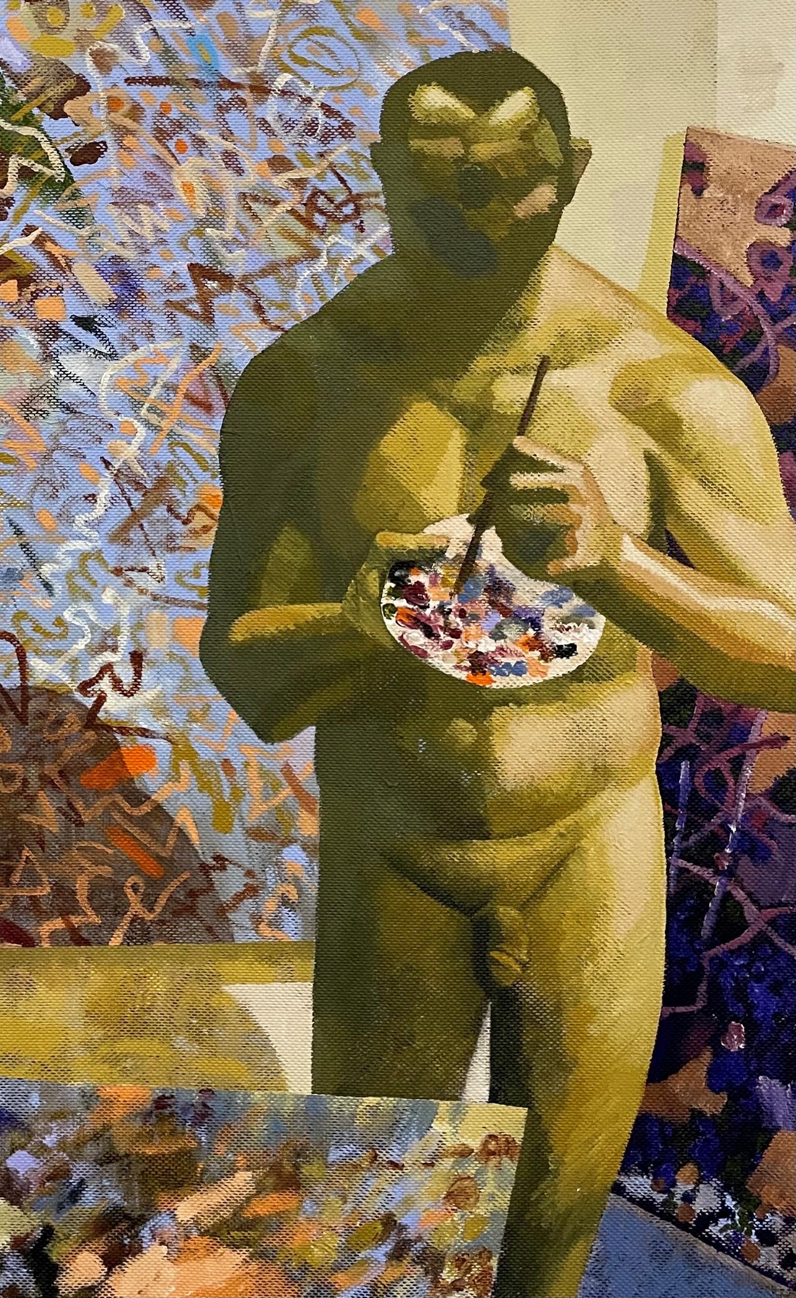 Le Chef d'oeuvre inconnu - 21st Century, Male, Nude, Contemporary, Yellow - Painting by Alexandru Rădvan