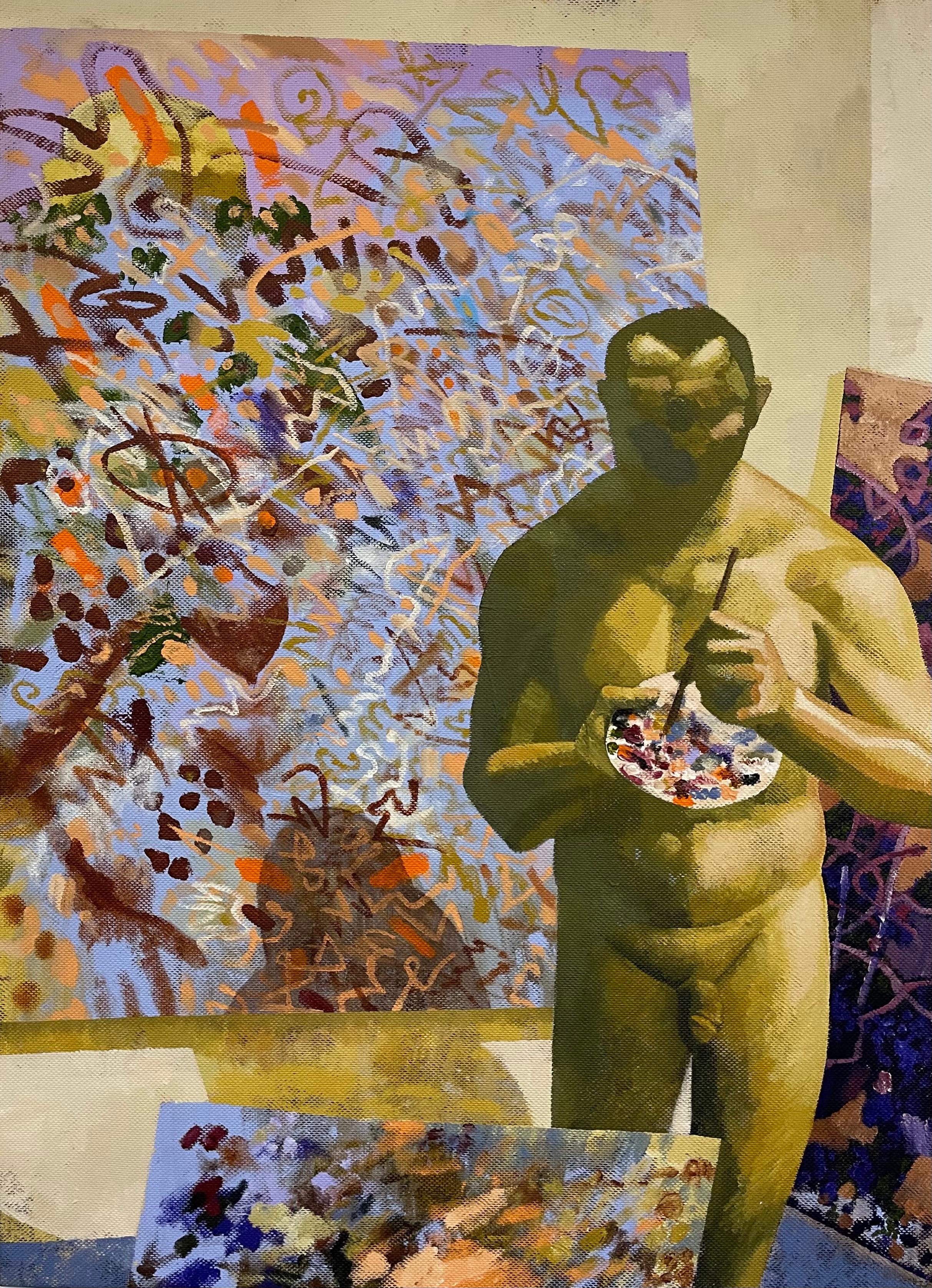 Alexandru Rădvan Figurative Painting – Le Chef d''oeuvre inconnu – 21. Jahrhundert, männlich, nackt, zeitgenössisch, gelb