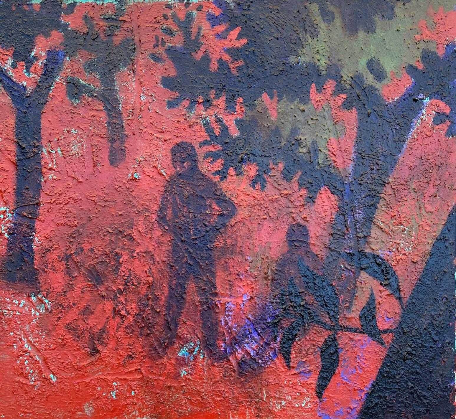 Lovers in an Orchard – Zeitgenössische Kunst, Rot, Natur, Paar, 21. Jahrhundert – Painting von Alexandru Rădvan