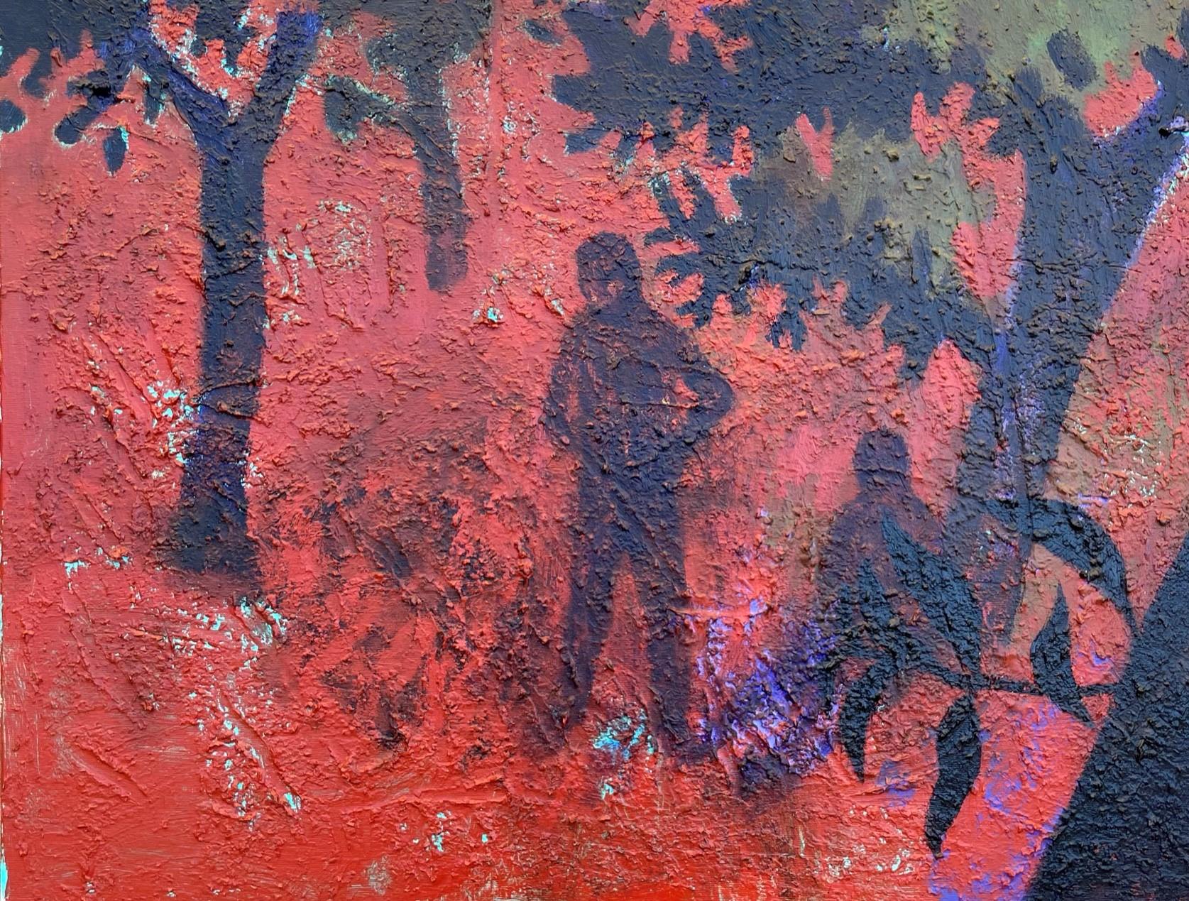 Lovers in an Orchard - Contemporary Art, Red, Nature, Couple, 21st Century - Gray Figurative Painting by Alexandru Rădvan