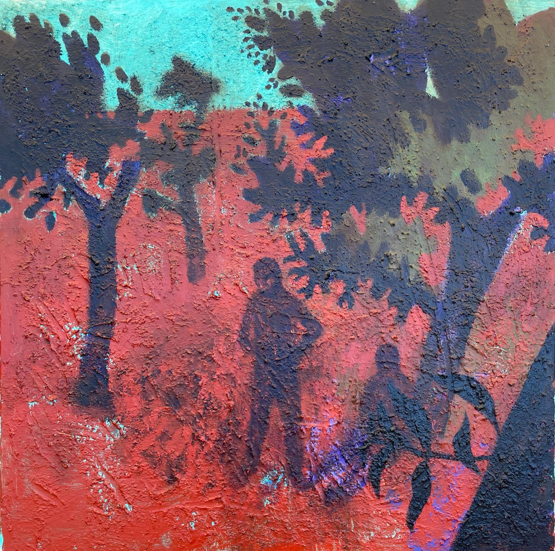 Alexandru Rădvan Figurative Painting – Lovers in an Orchard – Zeitgenössische Kunst, Rot, Natur, Paar, 21. Jahrhundert