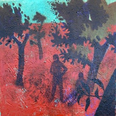 Lovers in an Orchard - Art contemporain, rouge, nature, couple, XXIe siècle