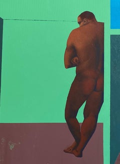 Man in His House - Contemporary Art, Green, Man, Human, Pandemic, 21st Century