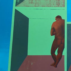 Man in His House - Contemporary Art, Green, Man, Human, Pandemic, 21st Century