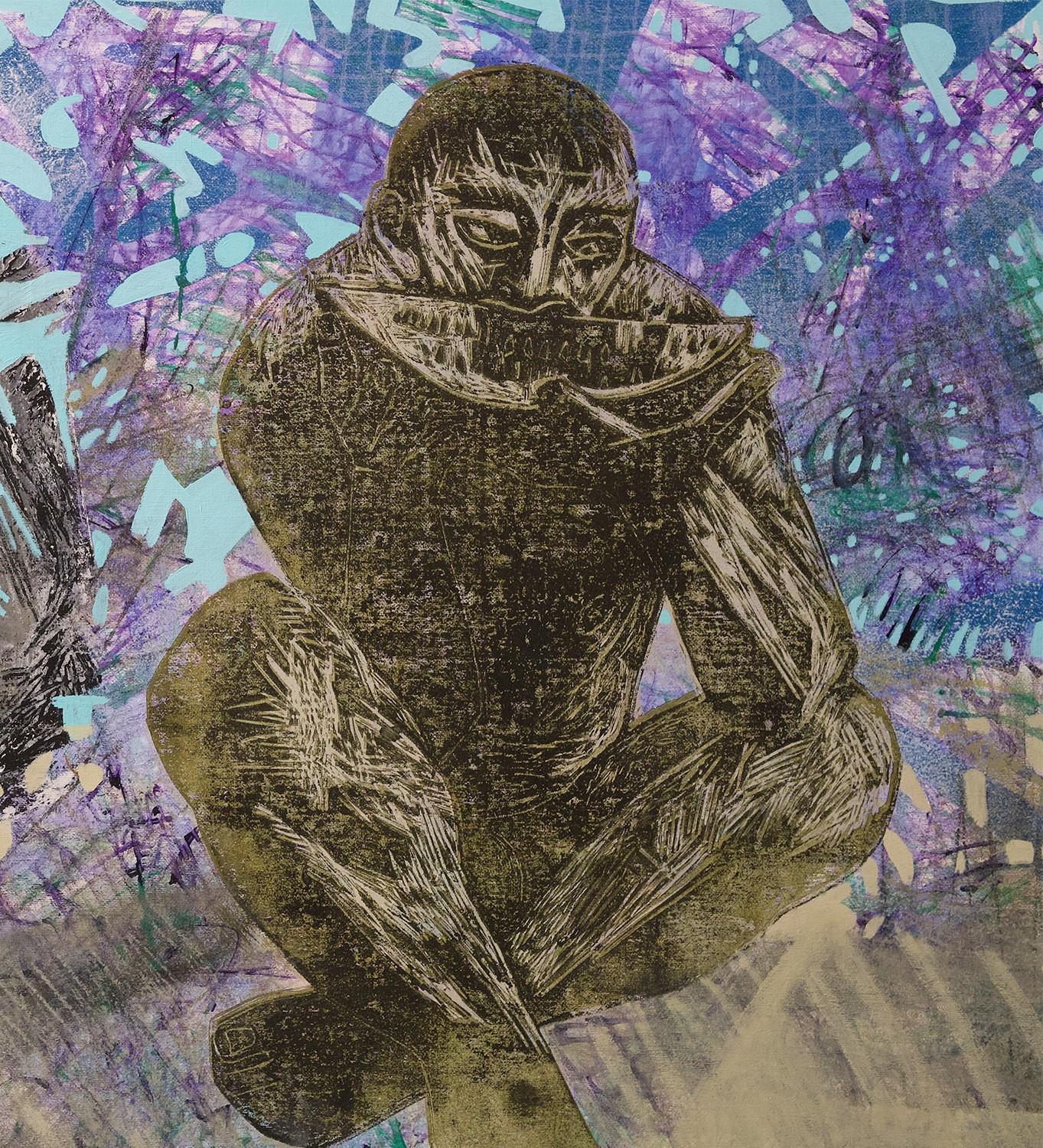 Hombre en la sombra - figurativo, paisaje, hombre, flor, azul - Painting Contemporáneo de Alexandru Rădvan