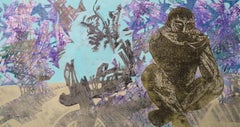 Man in the Shade - figurative, landscape, man, flower, blue