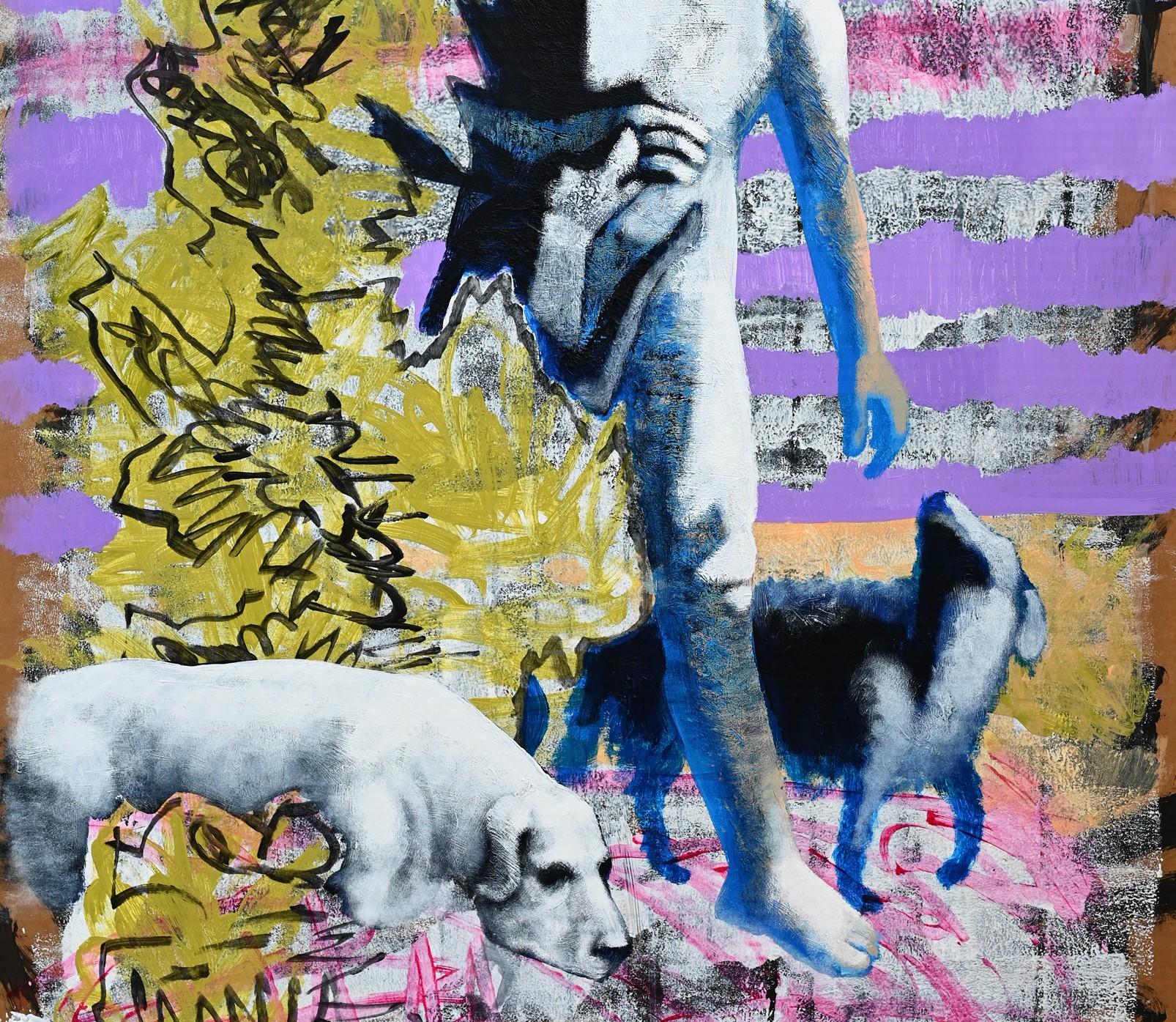 Mann mit Hunden, 2023
Acryl auf Karton
119 H x 79 B cm

In der Serie der bemalten Pappen von Alexandru Rădvan geht es um unsere 