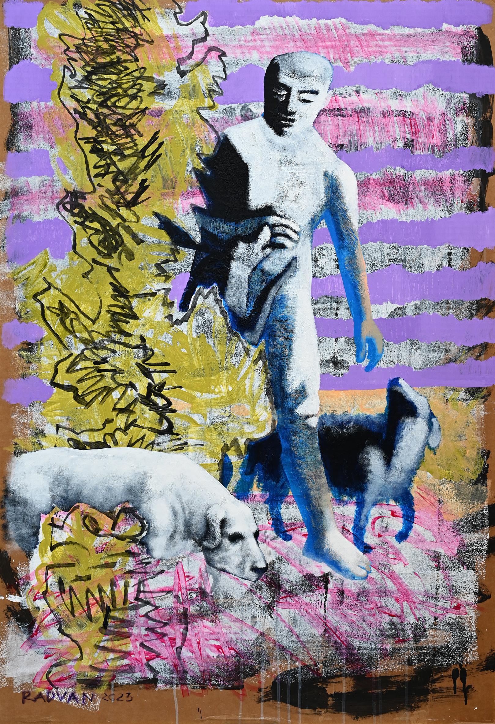 Alexandru Rădvan Landscape Painting - Man with Dogs - 21st Contemporary Art, Cardboard, Landscape, Figurative