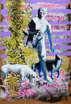 Man with Dogs - 21st Contemporary Art, Cardboard, Landscape, Figurative